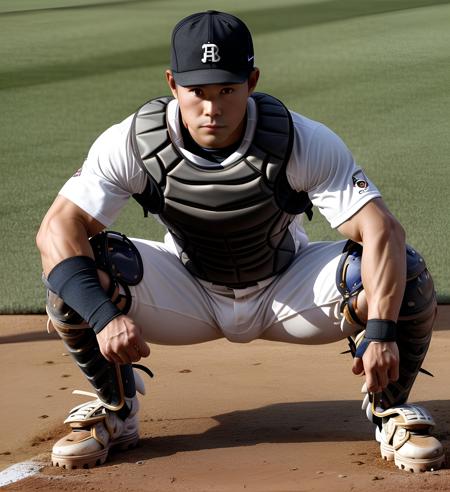 bsbsqt abs, shirtless, looking at camera, a japanese baseball player bsbsqt kneeling down on a base with a catchers mitt, handsome DLKX.jpg